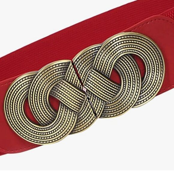 Red Stretch Waist Belt with Ornate Bronze Detail - Picture 2 of 3